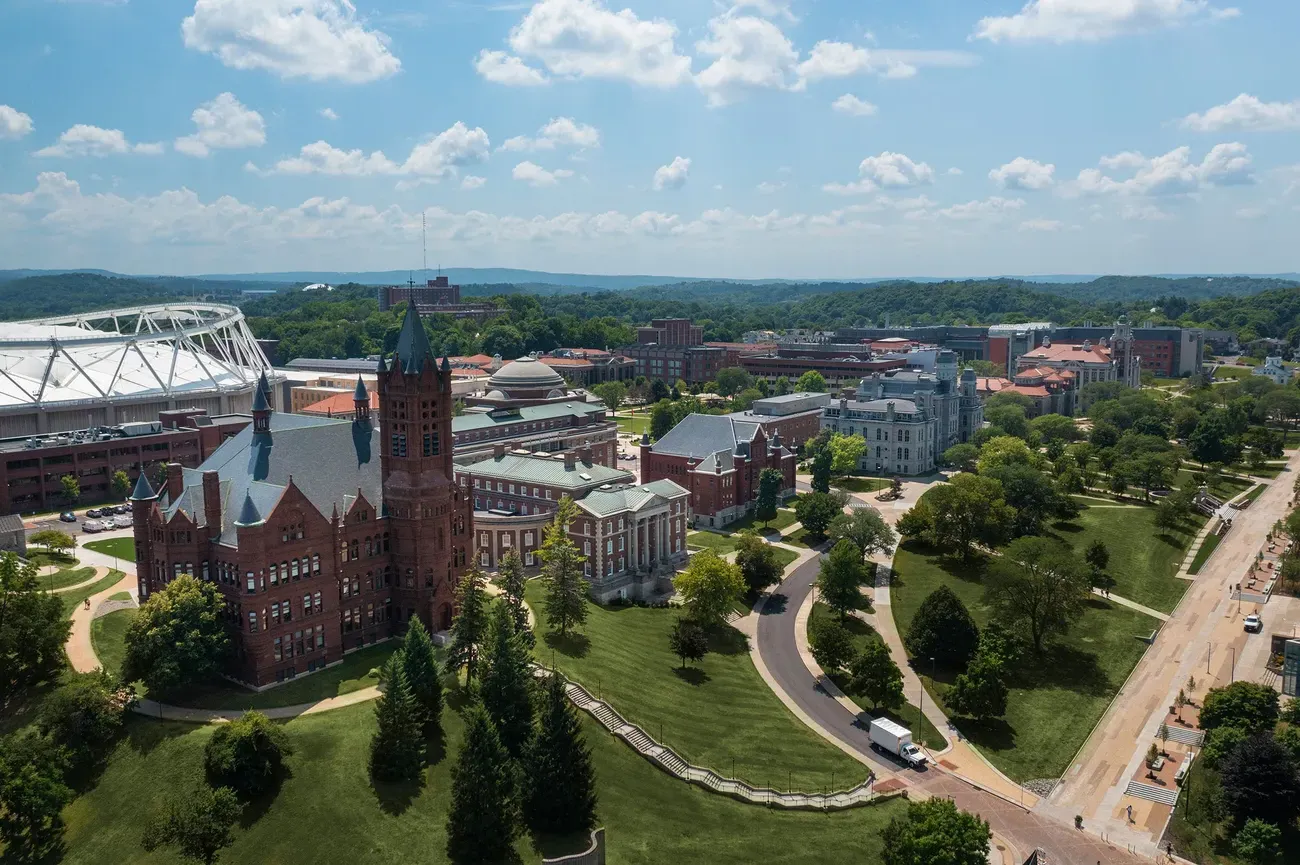 Aerial of buildings on campus.